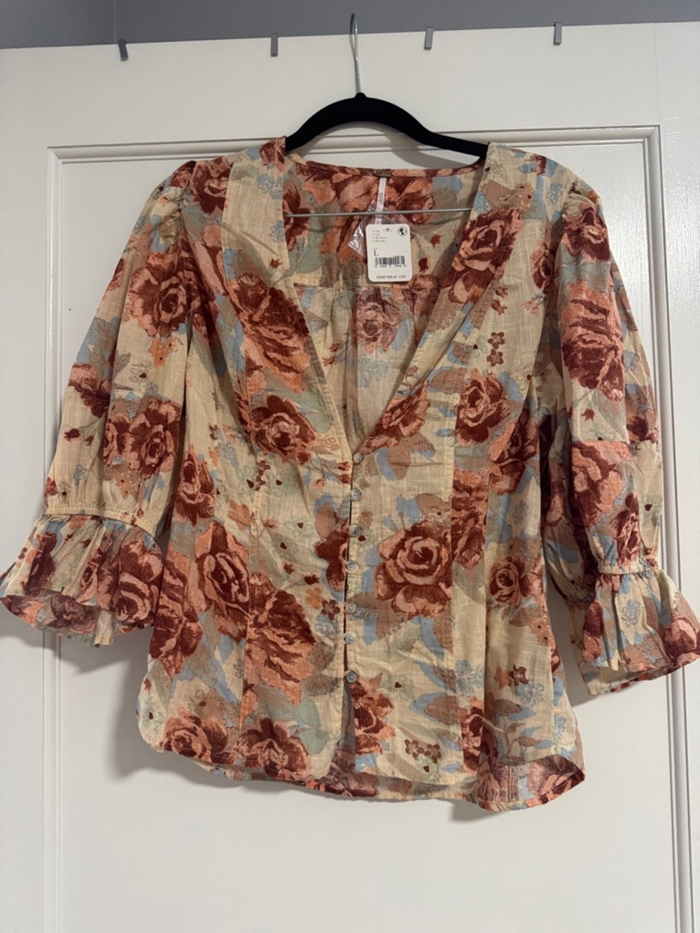Free People Rust Rose Floral Button-Front Blouse